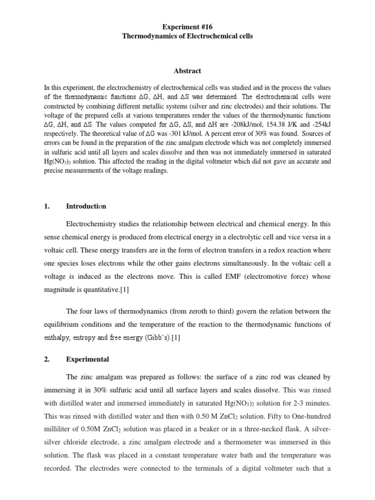 Experiment 16 Thermodynamics of Electrochemical Cells | PDF ...