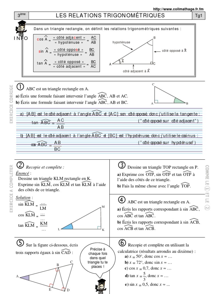 Exercice Math 3eme Cosinus Sinus Tangente Sinus, Cosinus, Tangente | PDF | Fonction trigonométrique | Triangle