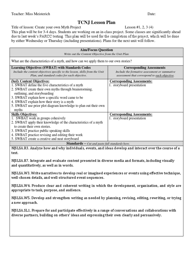 Create Your Own Myth Project Plan | PDF | Educational Assessment ...