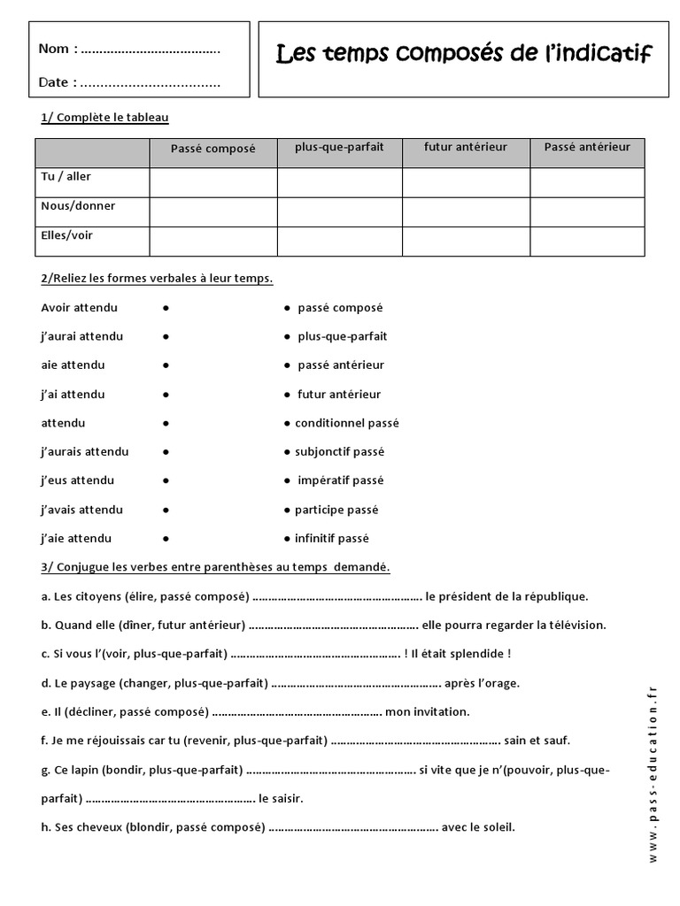 Exercice Participe Passé 5ème à Imprimer Passé Composé Plus Que Parfait Futur Antérieur Passé Antérieur 5ème