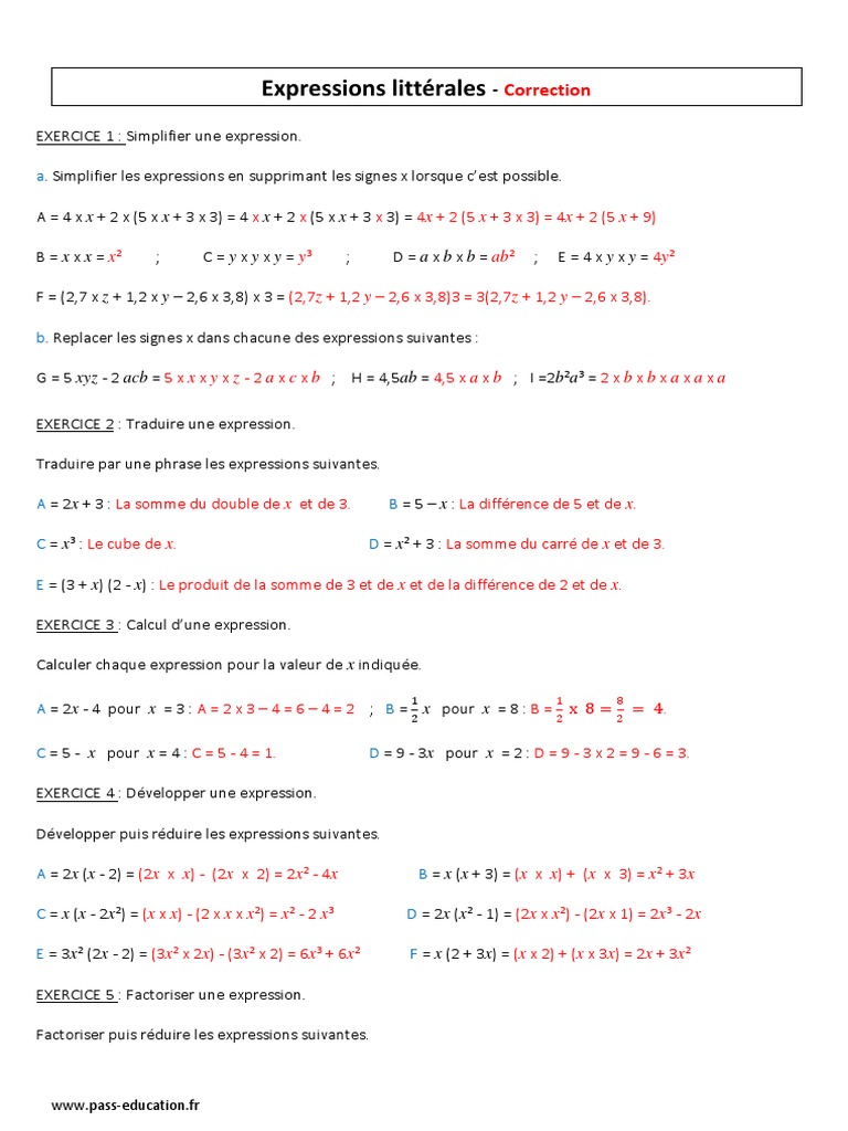 Exercice Calcul Littéral 5ème Avec Correction