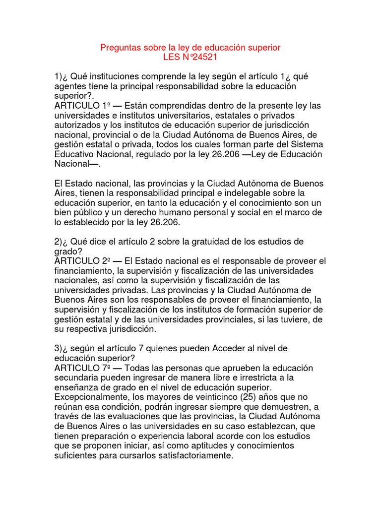 Preguntas sobre la Ley 24.521 de Educación Superior | PDF | Educación ...