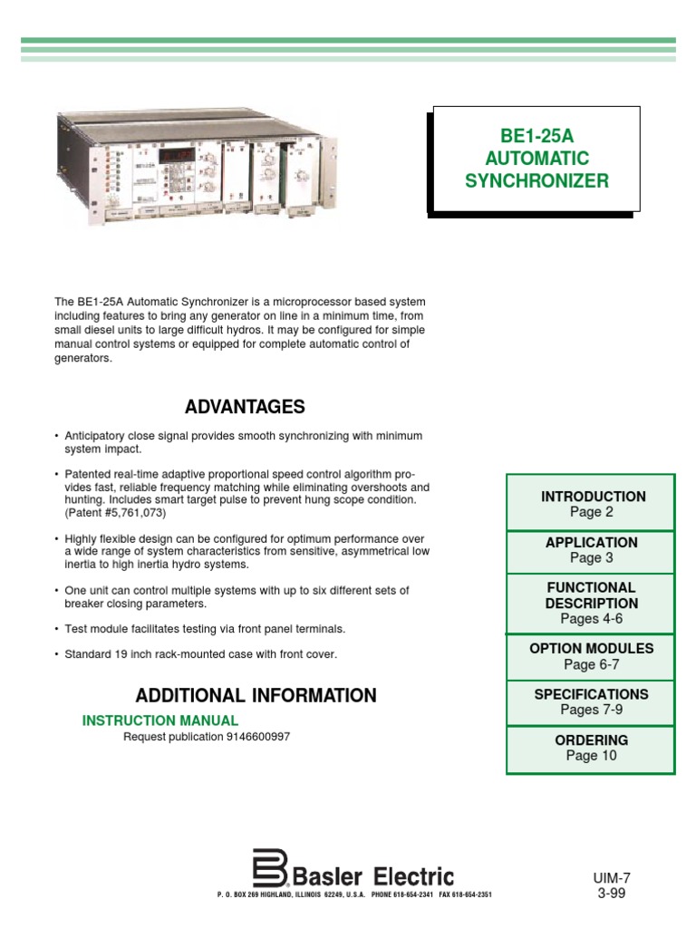 BE125A Automatic Synchronizer Technical Documentation PDF Relay