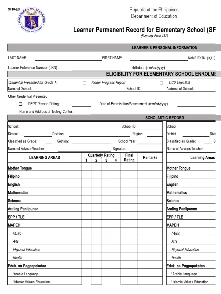 School Form 10 ES Learners Permanent Record | PDF | Cognition ...