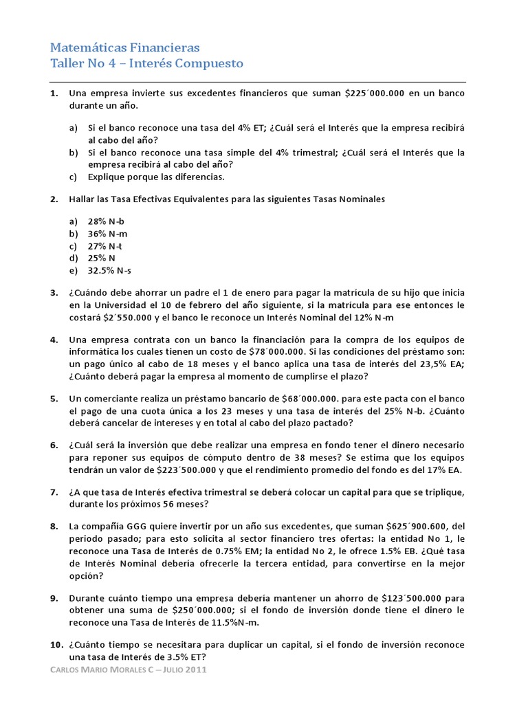 Taller 4 Interes Compuesto | PDF | Interés | Euro