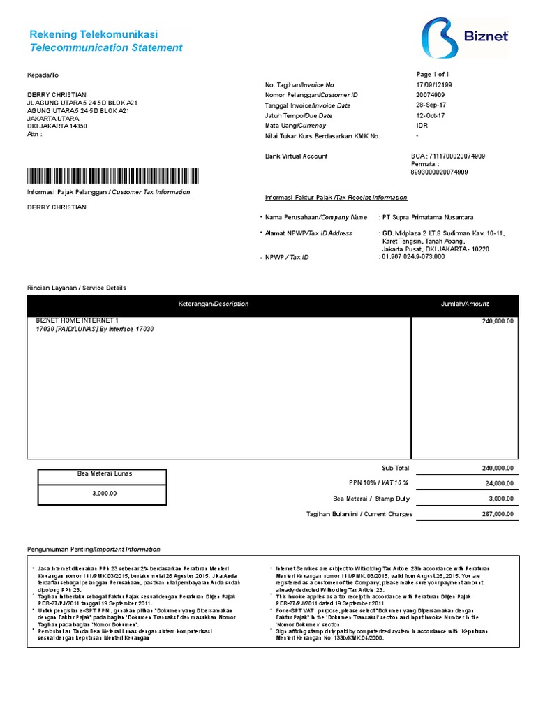 Invoice Biznet dan Informasi Pajak | PDF | Pengelolaan Keuangan & Uang