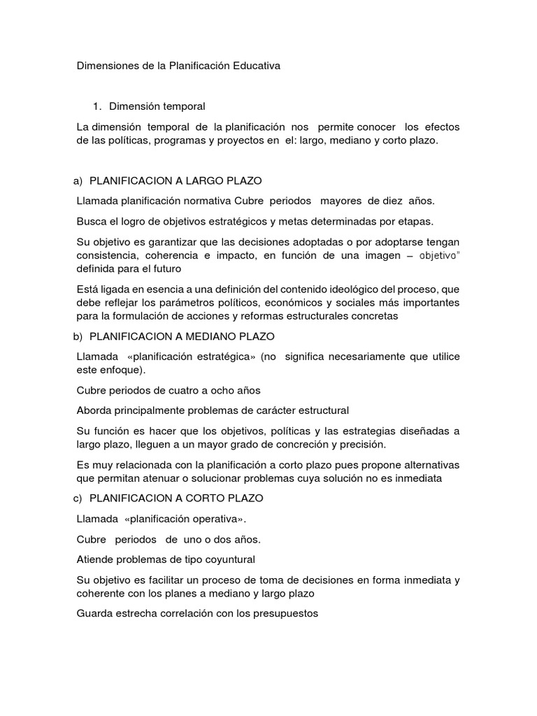 Dimensiones de la Planificación Educativa | PDF | Planificación ...