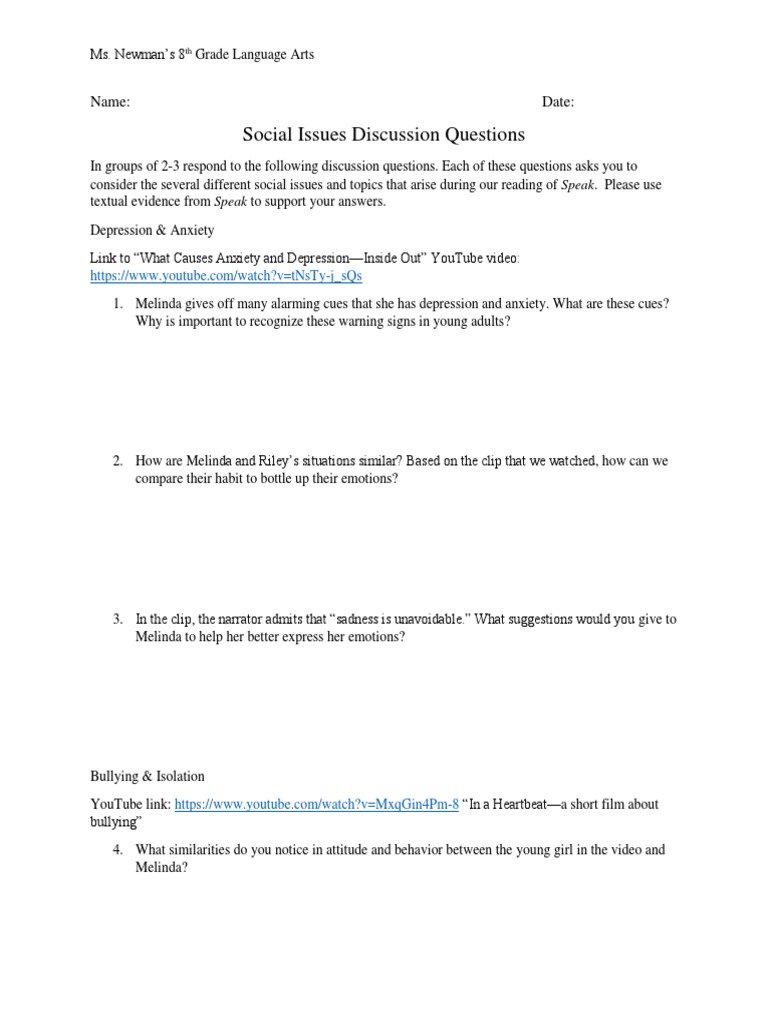 Social Issues Discussion Questions PDF Friendship Bullying