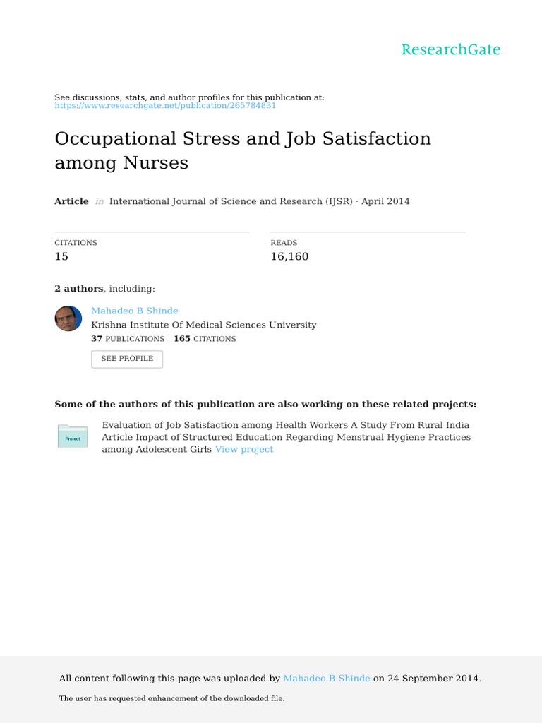 Occupational Stress and Job Satisfaction Among Nurses: Article | PDF ...