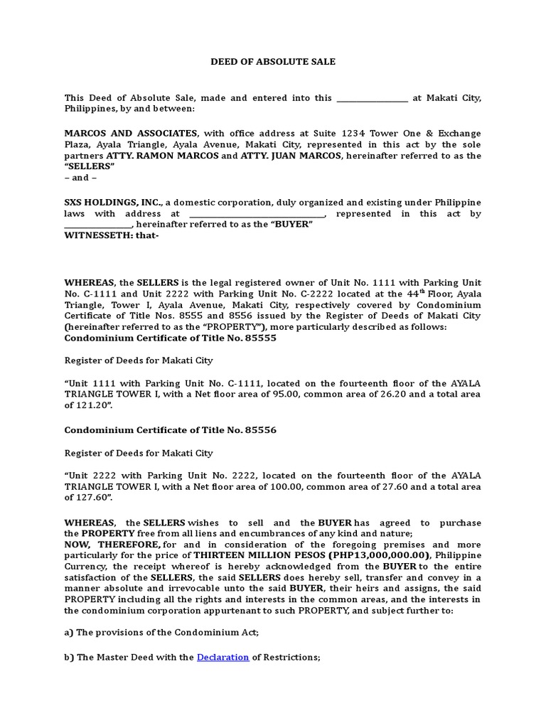 Deed of Absolute Sale (Condominium Unit) | PDF | Makati | Property
