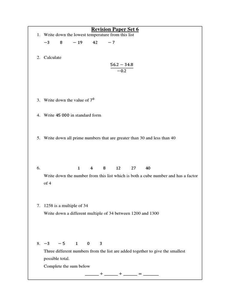 Math Revision Paper Set 6 | PDF