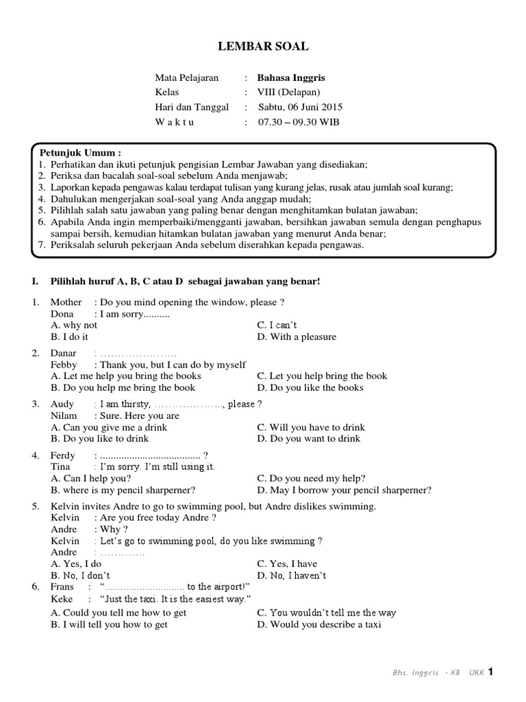 Soal Kunci Ukk Kelas 8