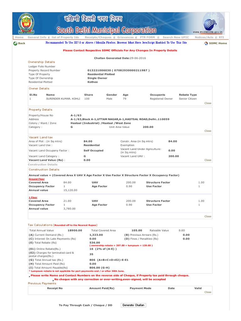 SDMC Property Tax Delhi 2016 17 PDF Payments Rebate Marketing 