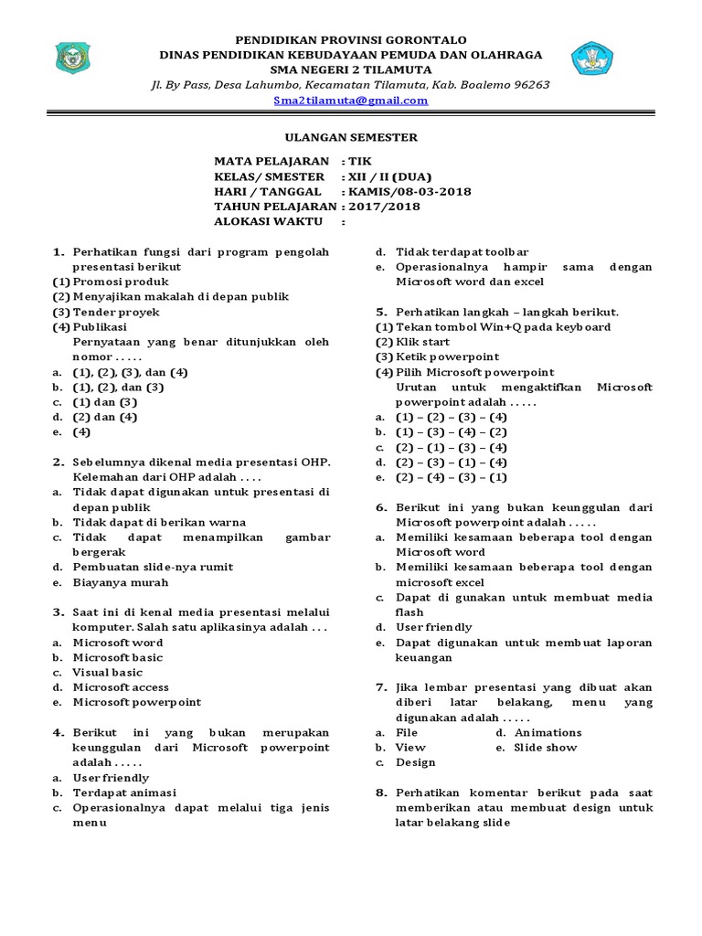 Soal Semester Kelas Xii