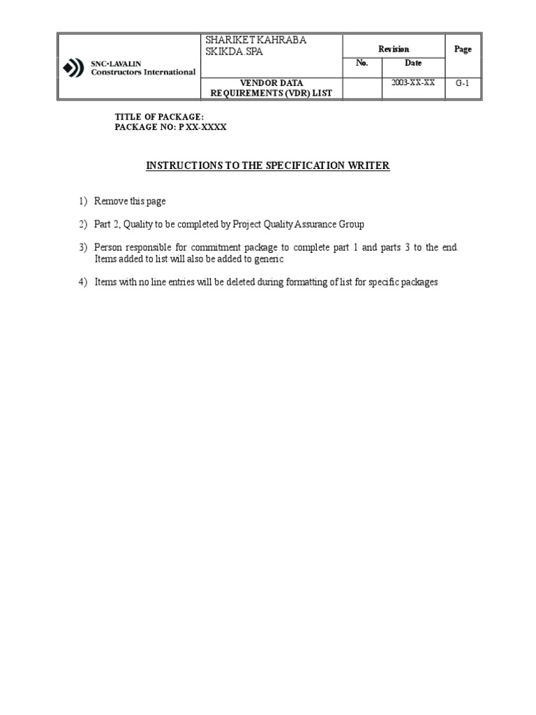 Vendor Data Requirements Specification (Technical Standard