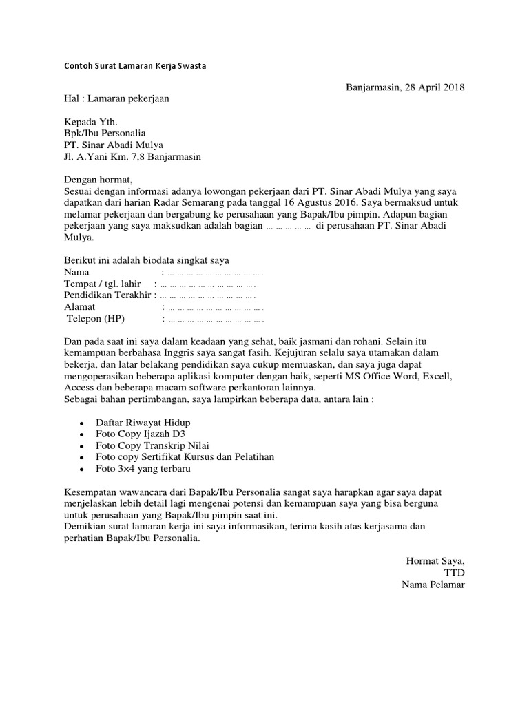 Contoh Surat Lamaran Kerja Swasta Pdf