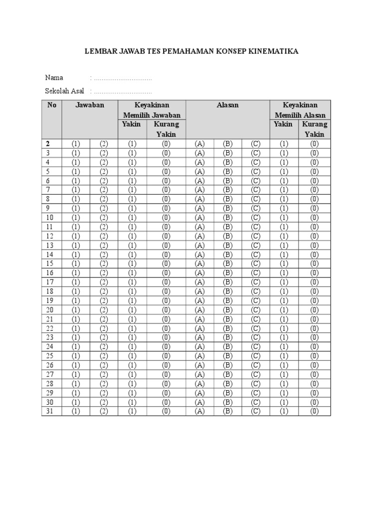 Lembar Jawab Tes Pemahaman Konsep Kinematika | PDF