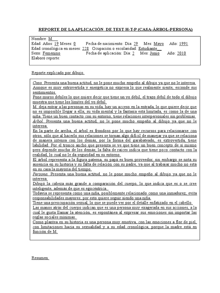 Informe del Test H-T-P: Análisis Psicológico | PDF | Dibujo | Sicología