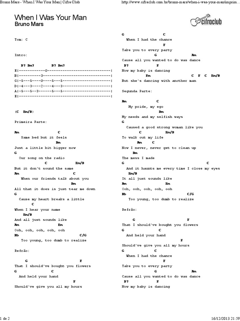 Bruno Mars When I Was Your Man Cifra Club PDF Leisure