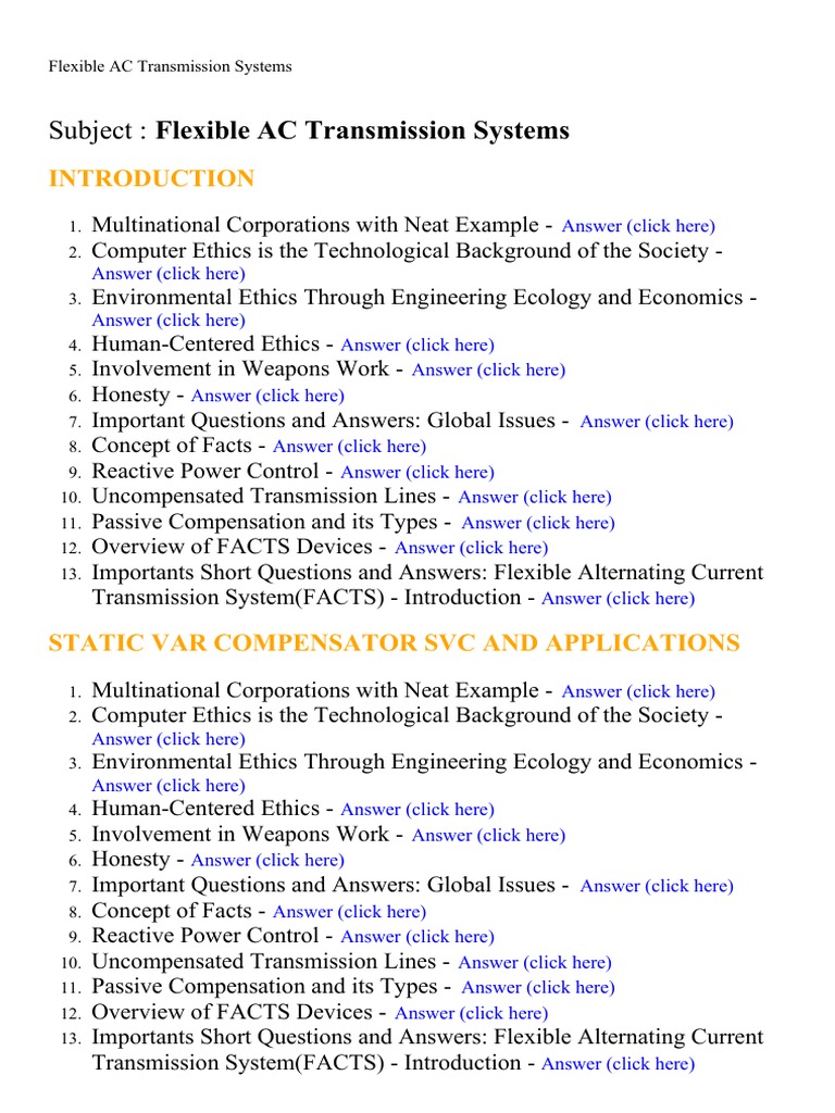 Flexible AC Transmission Systems Lecture Notes, Study Material and