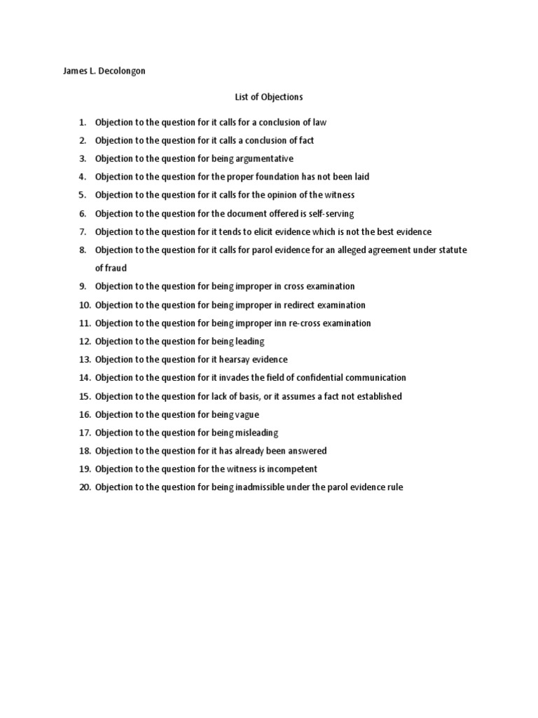 Legal Objections Reference Guide | PDF