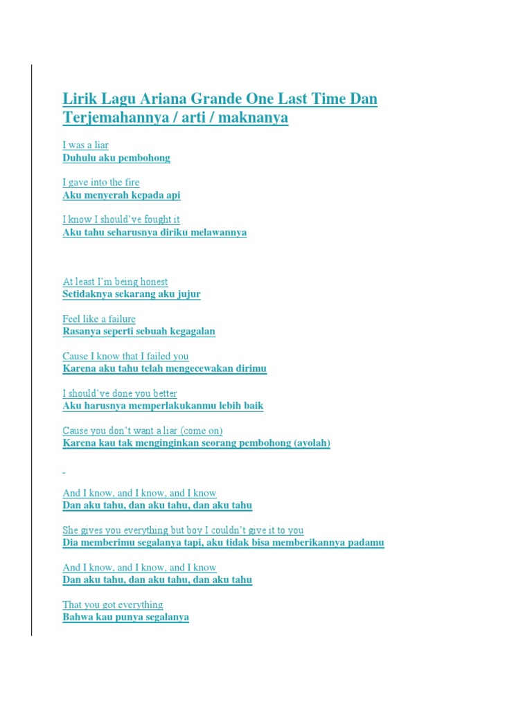 Lirik Lagu Ariana Grande One Last Time Dan Terjemahannya
