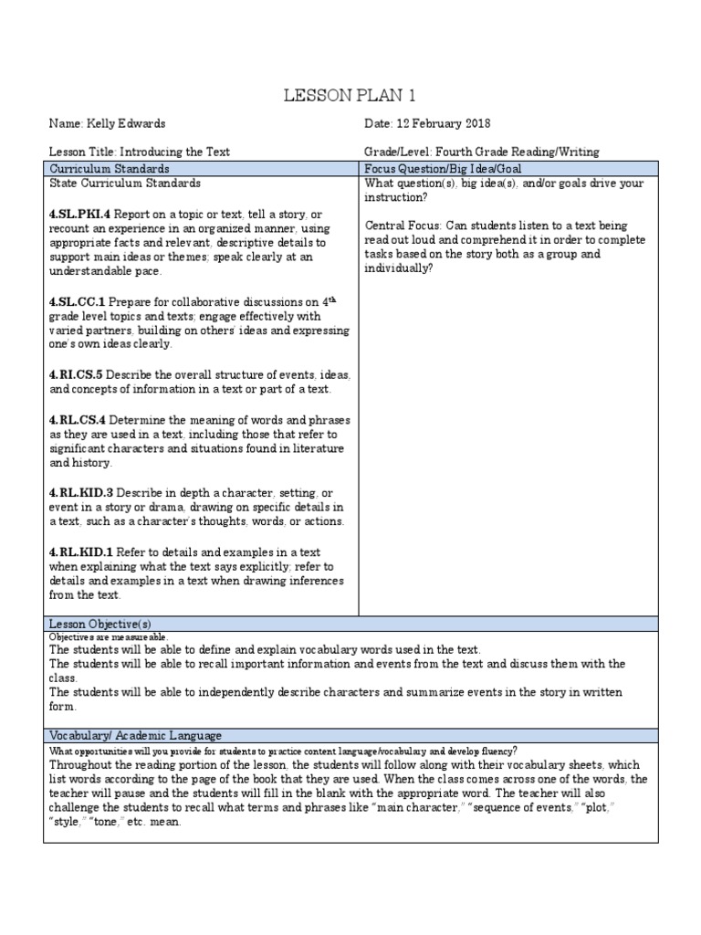 Fourth Grade Reading Lesson Plan | PDF | Reading Comprehension ...