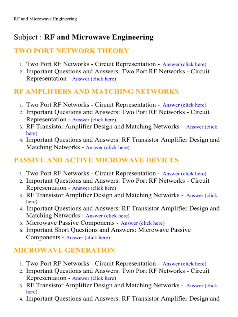 RF and Microwave Engineering Lecture Notes, Study Material and