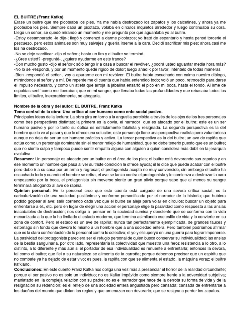 El Buitre PDF Franz Kafka Narración