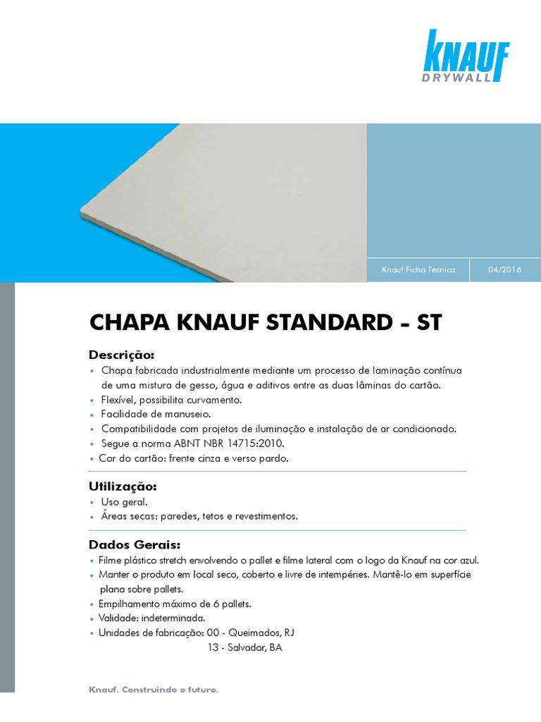 Ficha técnica da chapa Knauf Standard ST especificações, características, dimensões e