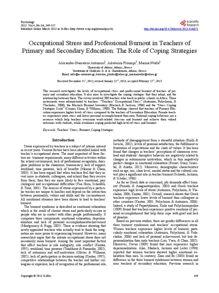 Occupational Stress and Professional Burnout in Teachers | PDF ...