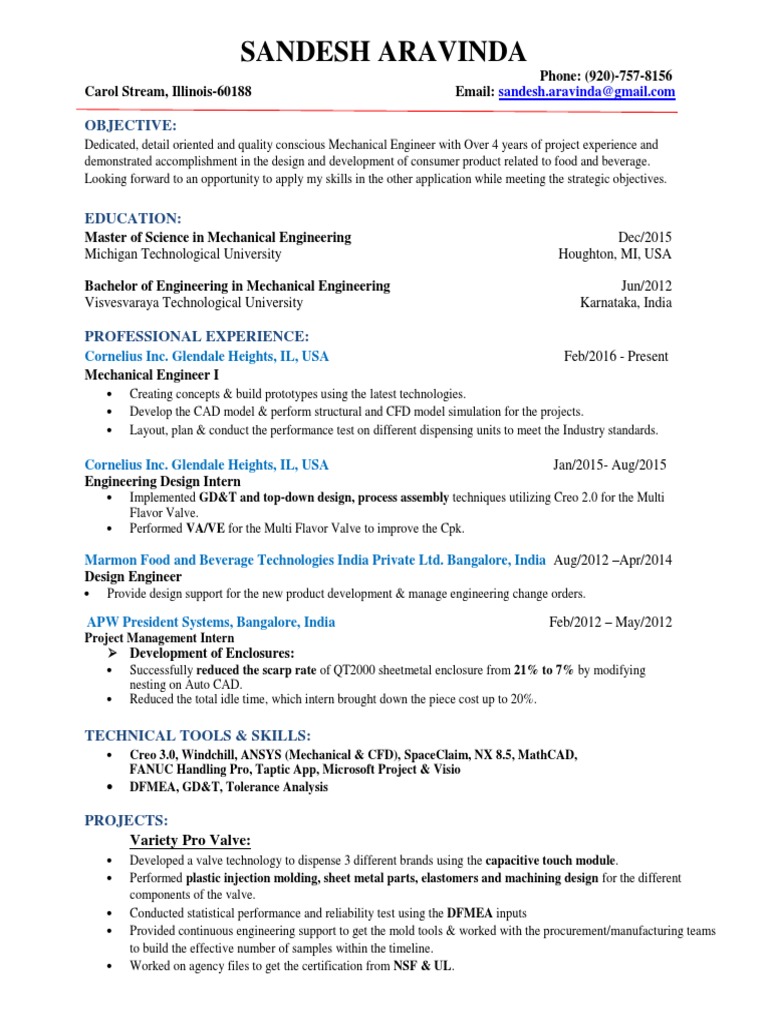 Senior Mechanical Design Engineer in Chicago IL Resume Sandesh Aravinda