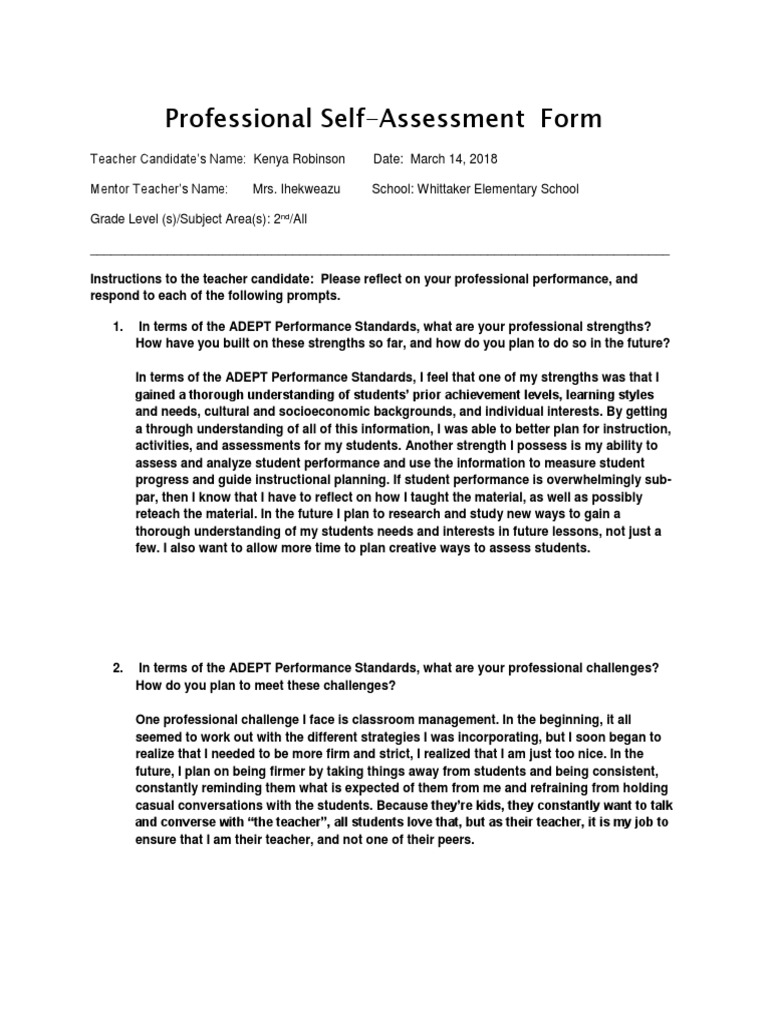 Teacher Candidate Self-Assessment Guide | PDF | Educational Assessment ...