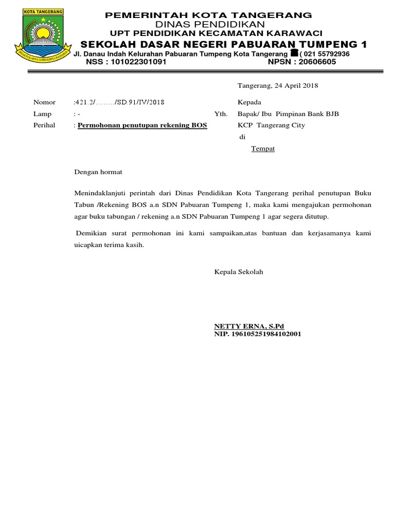 Surat Permohonan Penutupan Rekening Bos Sdn Pabuaran Tumpeng 1 