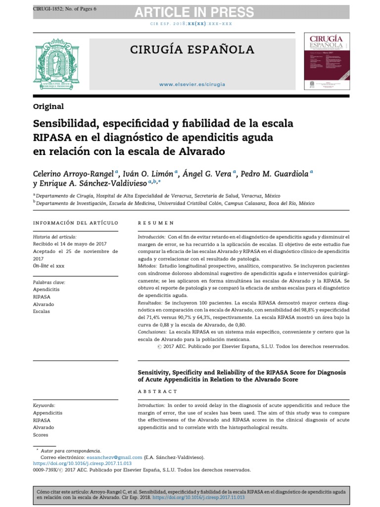 Eficacia de la escala RIPASA en apendicitis | PDF | Diagnostico medico ...