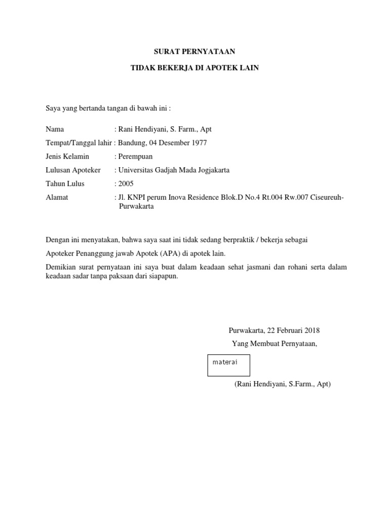 Contoh Surat Pernyataan Tidak Bekerja Untuk Ibu Rumah Tangga Contoh - Riset
