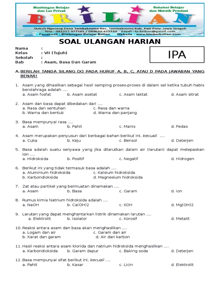 Soal IPA SMP Kela 7 Bab Asam Basa Dan Garam Dan Kunci Jawaban