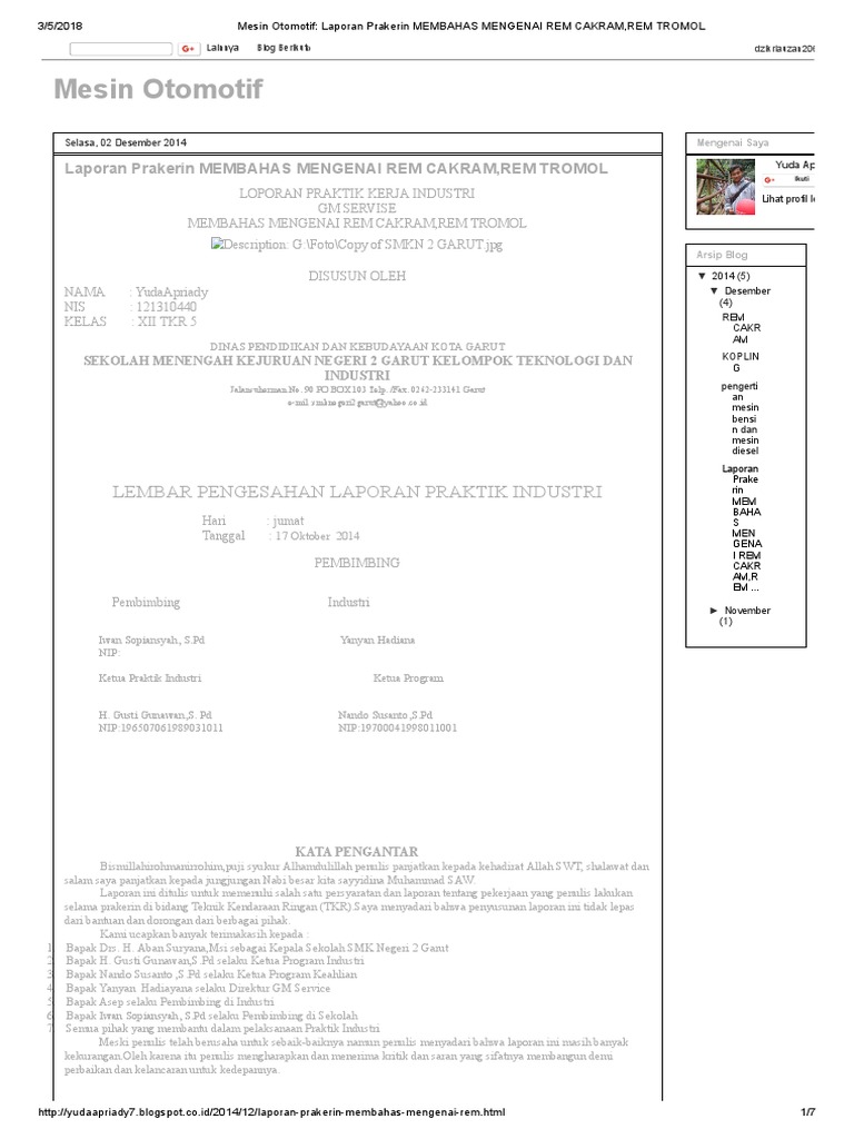 Contoh Laporan Prakerin Otomotif Sistem Rem Kumpulan