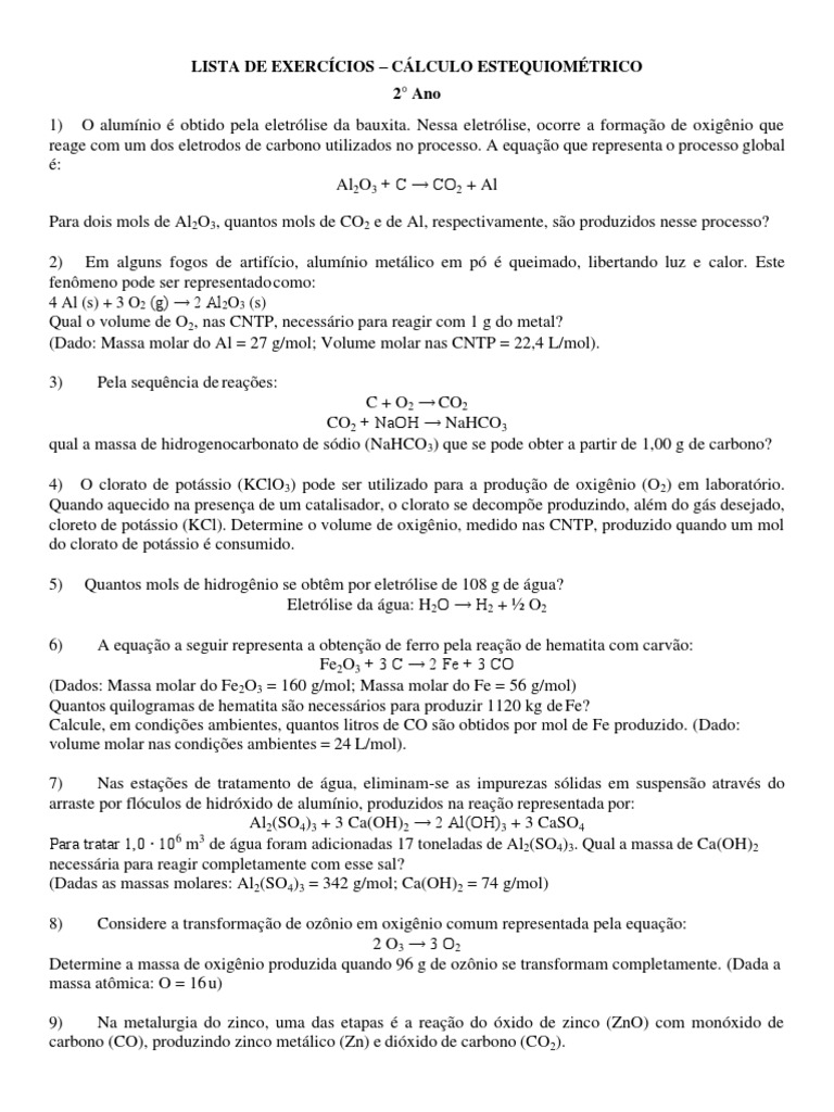 Exercícios de Cálculo Estequiométrico | PDF | Mol (unidade) | Combustão