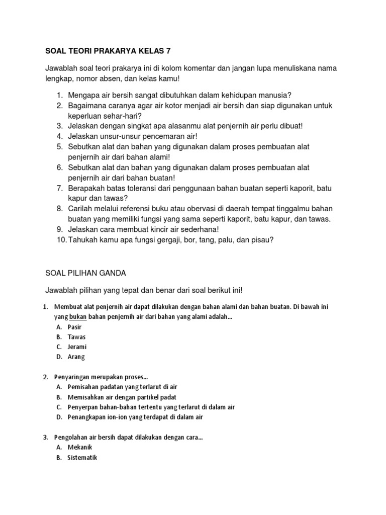 Soal Prakarya Kelas 8 Alat Penjernih Air Berbagai Alat