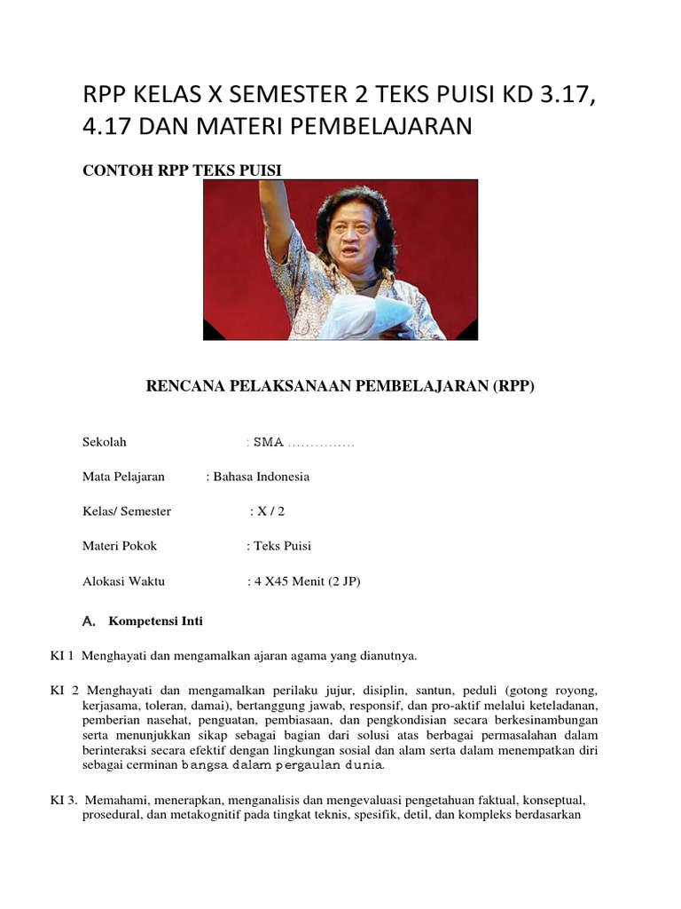 Rpp Kelas X Semester 2 Teks Puisi Kd 3