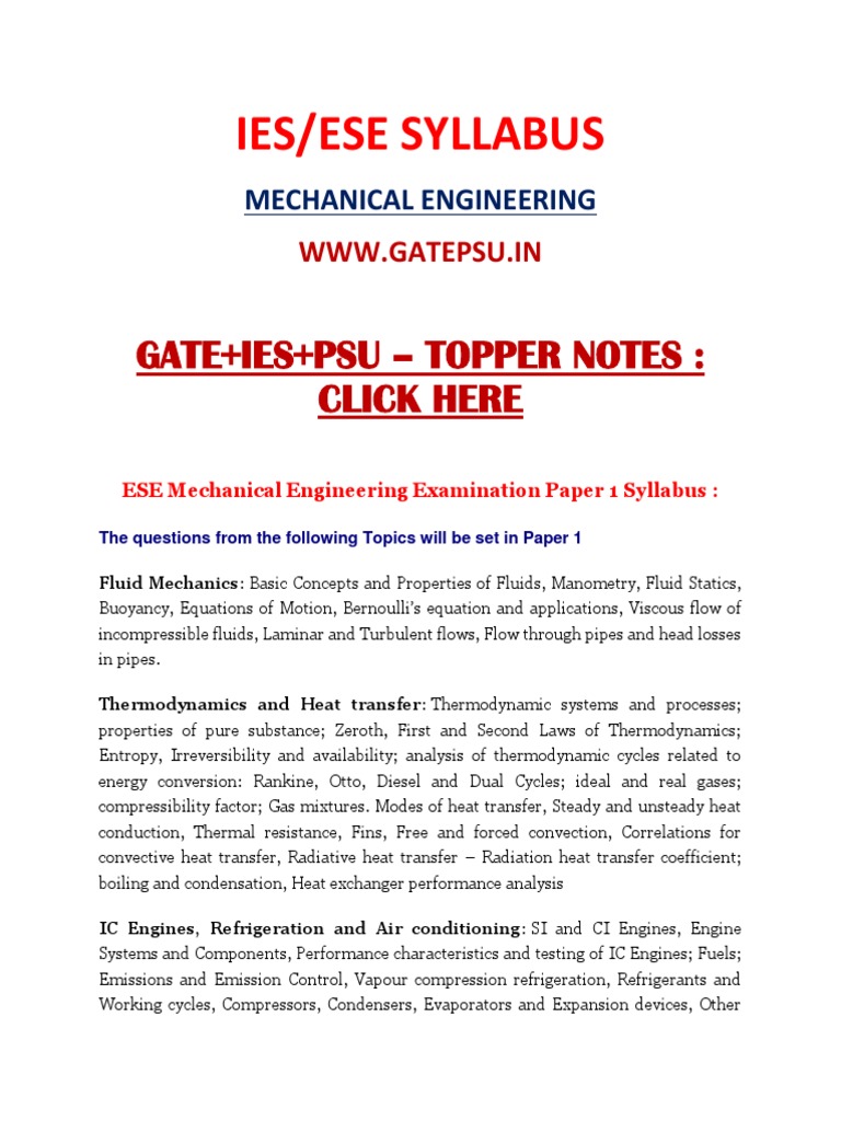 IES/ESE Mechanical Engineering Syllabus | PDF | Heat Transfer | Fluid ...