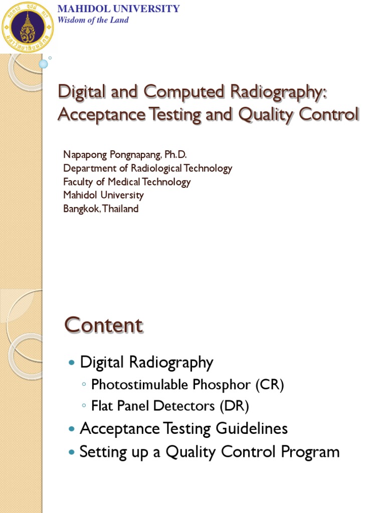 Quality Management in Digital Imaging PDF Radiography Optical