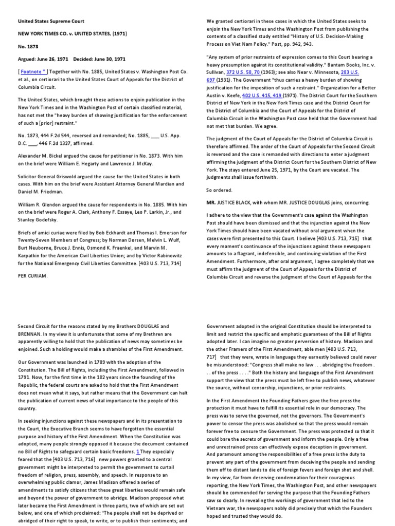 3 New York Times V US PDF Prior Restraint First Amendment To