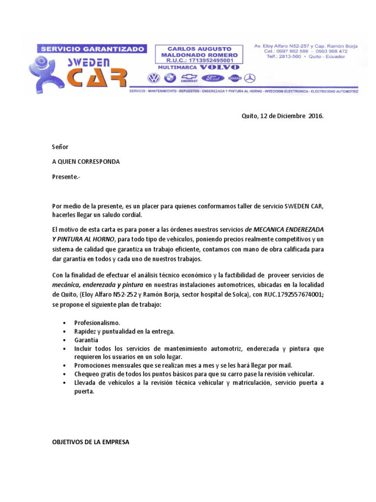 Carta Presentacion de Servicios Calidad