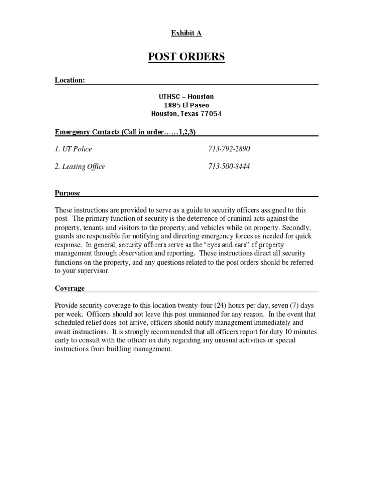 Exhibit A Post Orders PDF Security Guard Lease