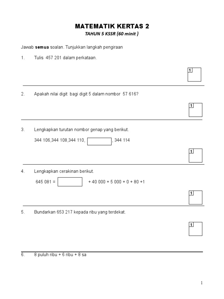 Ujian Mac Matematik Tahun 5 Kssr Kertas 2 Pdf