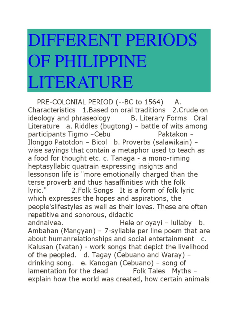 Different Periods Of Philippine Literature PDF Poetry Philippines