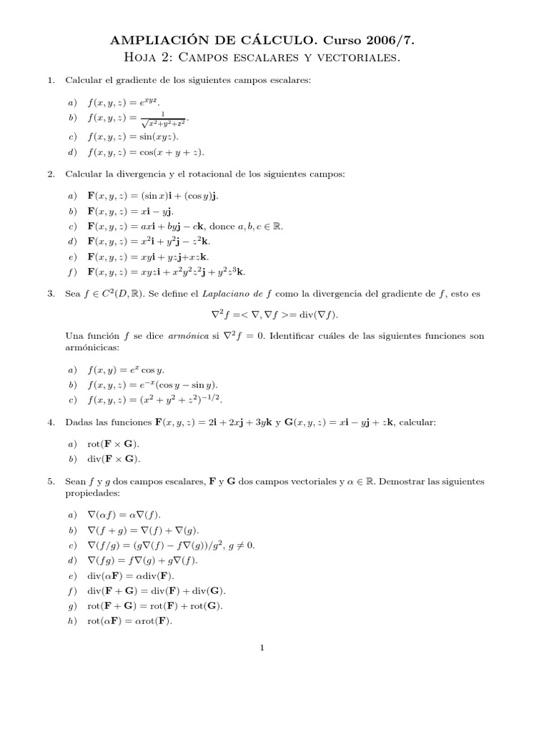 Problemas De Campos Escalares Y Vectoriales Pdf Algebra Lineal Calculo Vectorial