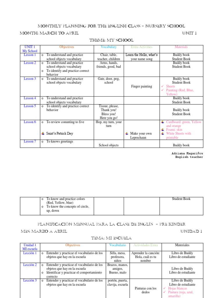 Monthly Planning For The English Class PRE KINDER | PDF | Cascading ...
